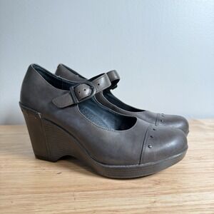 DANSKO Fanny Womens Size 39 US 9 Pewter Leather Mary Jane Platform Wedge Shoes